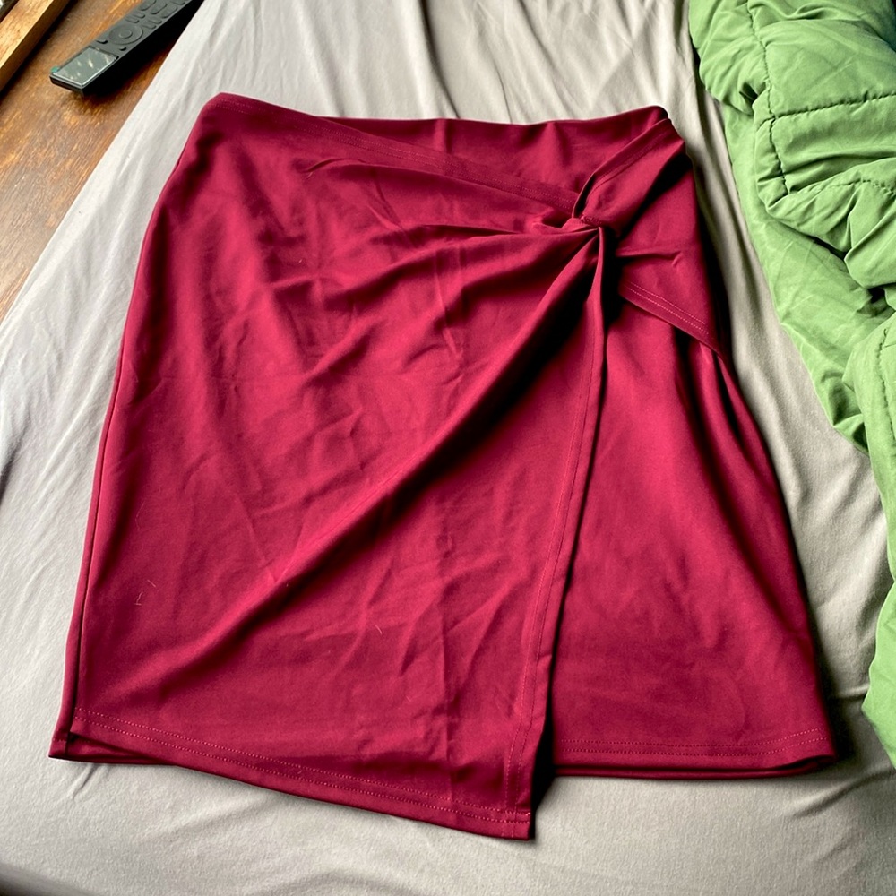 Maroon High Waist Wrap Front Bodycon Midi Pencil Skirt